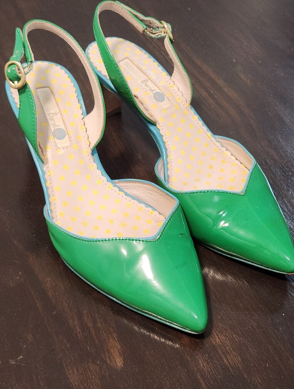Boden Womens 37.5 US 6.5 Green Patent Leather Slingback Block Heel Pumps